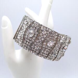 Wide Clear Rhinestone Cuff Hinged Bracelet, Silver Tone, 7 1/2 Inches